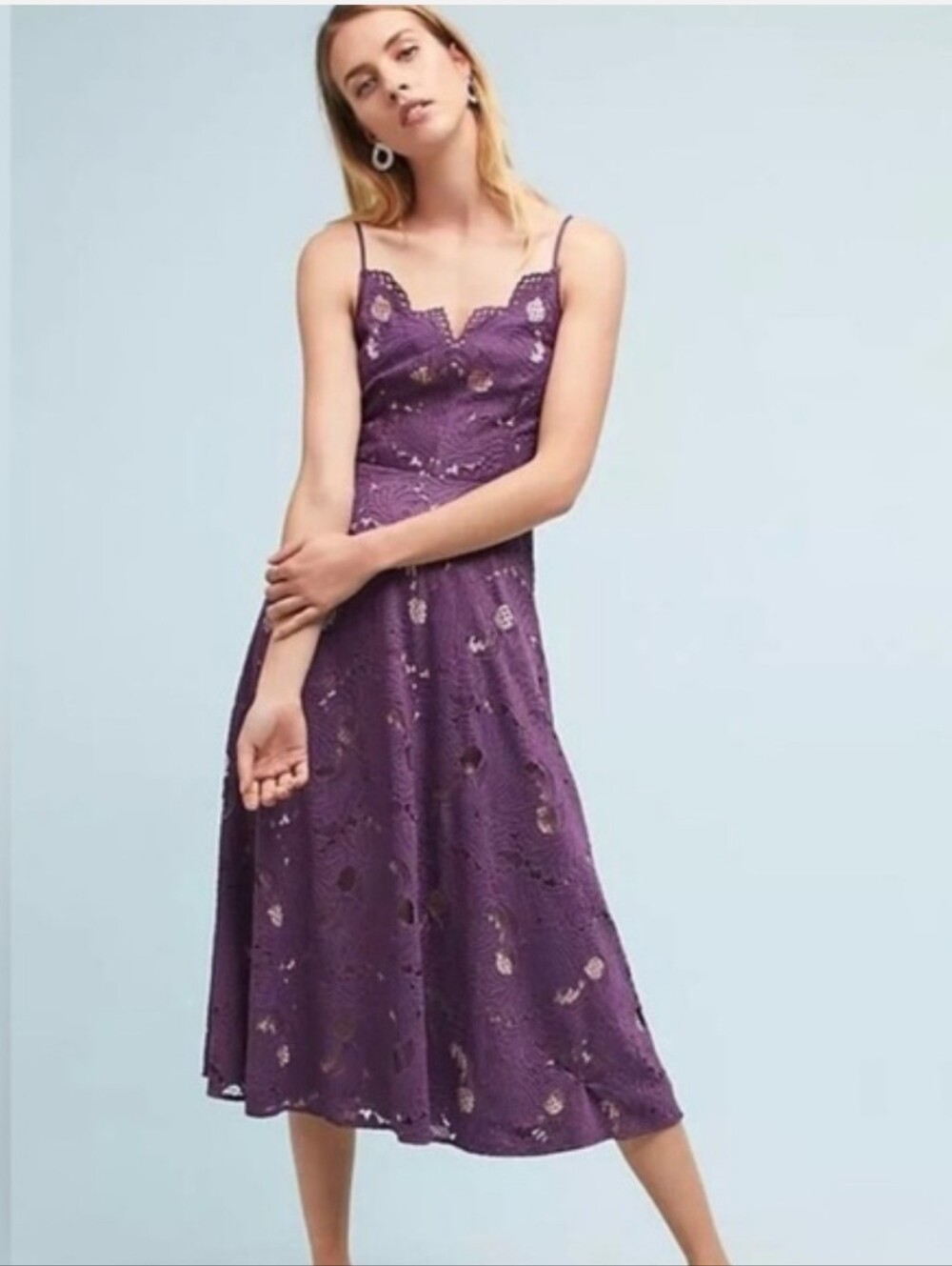 ANTHROPOLOGIE MOULINETTE SOEURS PURPLE LACE MIDI DRESS SZ 6